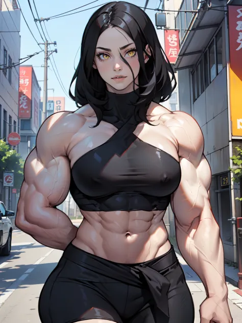 disgust (muscular) breasts huge thighs pale skin black hair yellow eyes  girl - SeaArt AI