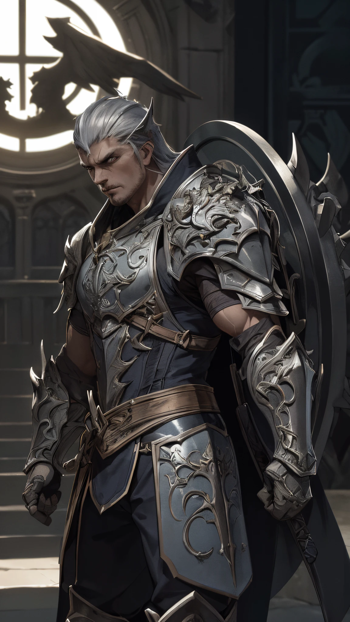 (highres,ultra-detailed) A paladin warrior from Diablo 2 in a shiny armor, holding a sword and shield, standing confidently in a dark Gothic background. The warrior has a bald head and his skin is black. The divine light shines upon him, emphasizing his heroic presence and strength. The armor reflects the surroundings, giving it a sleek and polished appearance. The intricate details of the armor, such as engravings and textures, are visible, showcasing the craftsmanship put into its creation. The warrior's muscular physique exudes power and determination. The dark Gothic background adds an ominous atmosphere to the scene, setting the stage for epic battles and heroic quests.