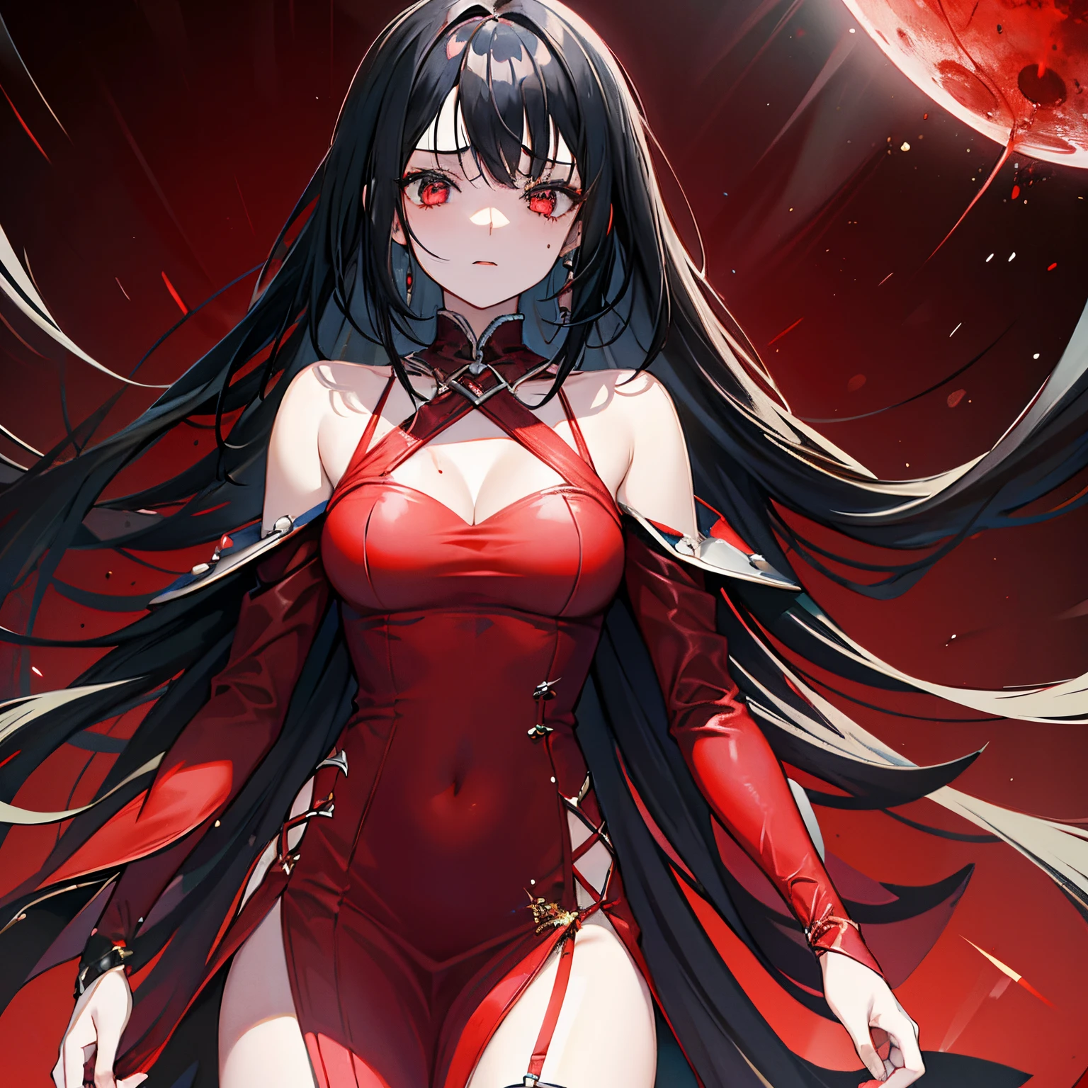 Anime girl in red dress with long black hair and red eyes - SeaArt AI