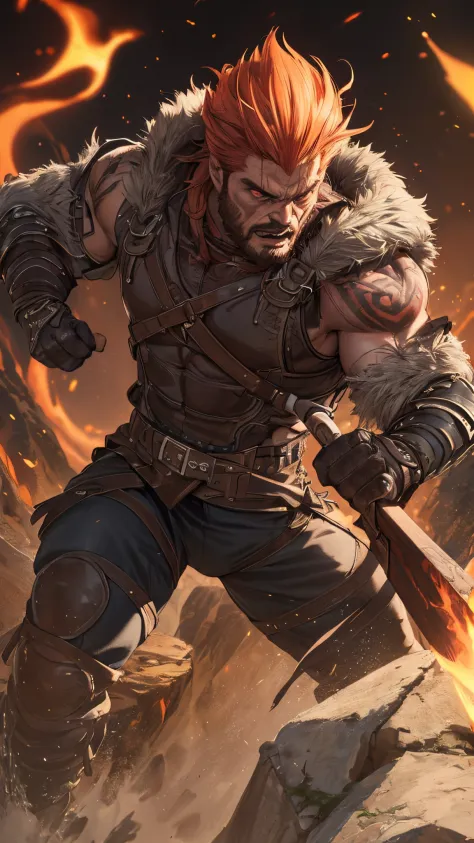 "(best quality, super detailed, 4k, 8k, masterpiece:1.2), realistic, Diablo 2, barbarian, warrior, man, detailed face, intense gaze, strong muscular body, long braided haircut, tattooed skin, light armor, leather straps, fur accents, double axes, battle sc...