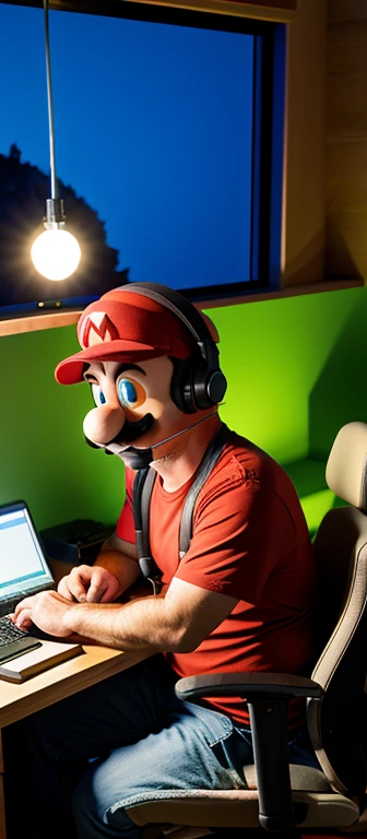 A friendly adult Mario Bros working as a programmer in his setup at night, with your coffee, concentrated and listening to music with headphones. Minimum environment