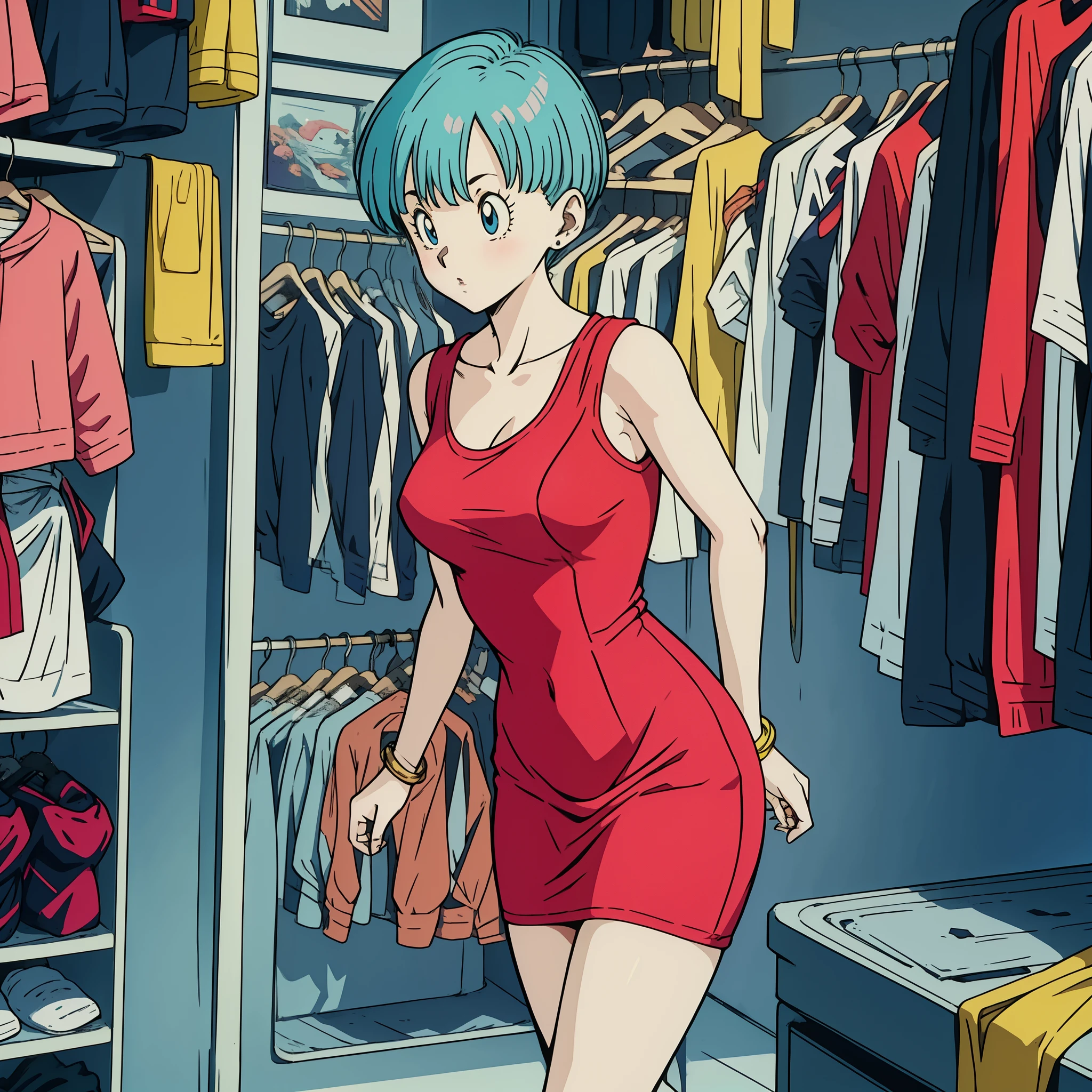 esfera do dragão, bulma, Cabelo Aqua, um lado para cima, vestido rosa, mangas compridas, clavícula, seios médios, decote