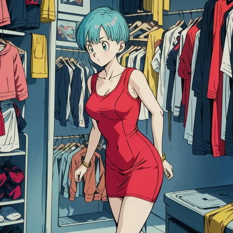 dragon ball, bulma, aqua hair, one side up, pink dress, long sleeves, collarbone, medium breasts, cleavage