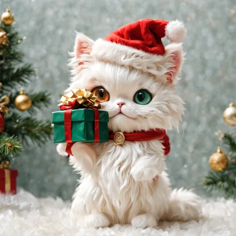 (minuet、Santa Claus Style、odd eye、holding a gift box in hand),,cute little,​masterpiece,top-quality,Fluffy cat,Christmas Party,Christmas tree,Santa's Hat,A delightful,tre anatomically correct,,Fantasia,Cats,minuet,odd eye