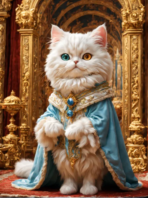 (minuet、diadems、The king's cloak、odd eye),king&#39;minuet,palace background,cute little,​masterpiece,top-quality,Fluffy cat,,A delightful,tre anatomically correct,,Fantasia,Cats,minuet,odd eye