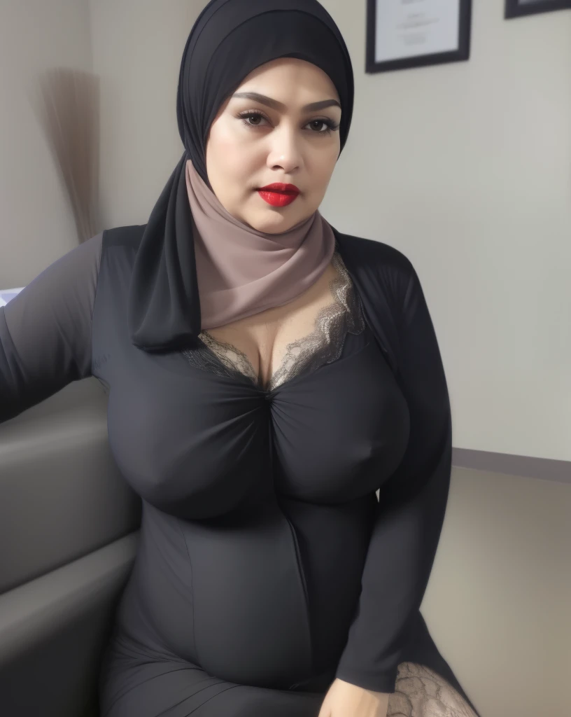 A woman in a black dress and a hijab sitting on a couch - SeaArt AI