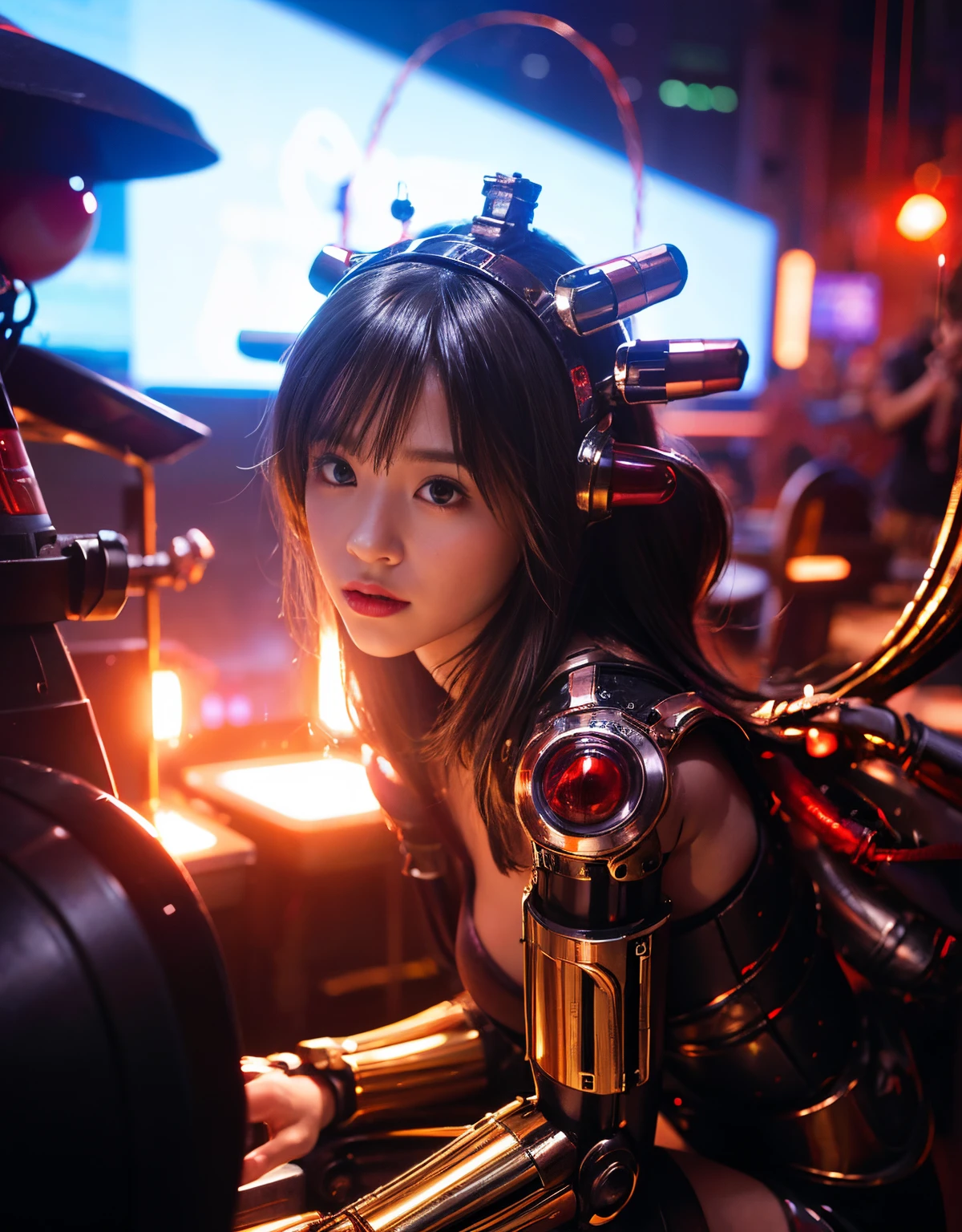 (Skimpy mechanical girl and alien background)、（Mystical expression）、top-quality、​masterpiece、超A high resolution、(Photorealsitic:1.4)、Raw photo、女の子1人、glowy skin、(((1 Mechanical Girl)))、（Red Metal Bodysuit）、(Natural alien background to fight aliens)、(Small LED)、((super realistic details))、vertical giant monster background),globalillumination、Shadow、octan render、8K、ultrasharp、Robot background、Colossal tits、Raw skin exposed in the cleavage、red metal、Details of complex ornaments、Japan details、highly intricate detail、Realistic light、(Mystical expression),CG Society Trenlow Eyes、Eyes shining towards the camera、Mechanical marginal blood vessels connected to neon detail tubes)、(Wires and cables connecting to the head)、Small LED、,Mechanical thighs、Toostock、（Hands are also made of machines）、机器人、future alien、Please wear a mechanical helmet、