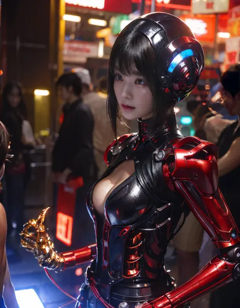 (Skimpy mechanical girl and alien background)、（Mystical expression）、top-quality、​masterpiece、超A high resolution、(Photorealsitic:1.4)、Raw photo、女の子1人、glowy skin、(((1 Mechanical Girl)))、（Red Metal Bodysuit）、(Natural alien background to fight aliens)、(Small L...