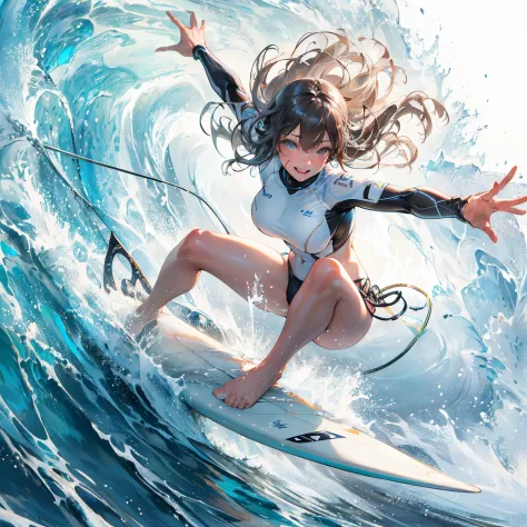 (Best Quality, masutepiece),ultra detailed photographic,1girl in, Female Surfer ,Large breasts,nice legs,At the surfing venue,Detailed beautiful face,Beautiful eyes,detailed hairs,detailed  clothes,Detailed realistic skin,Pretty,Smile,Dynamic Angle,