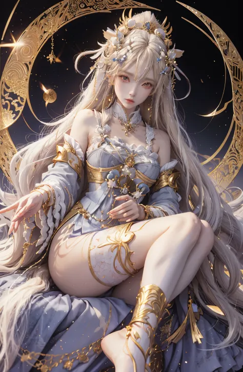 Anime girl with long blond hair and gold jewelry in front of black background, onmyoji detailed art, anime goddess, portrait onm...