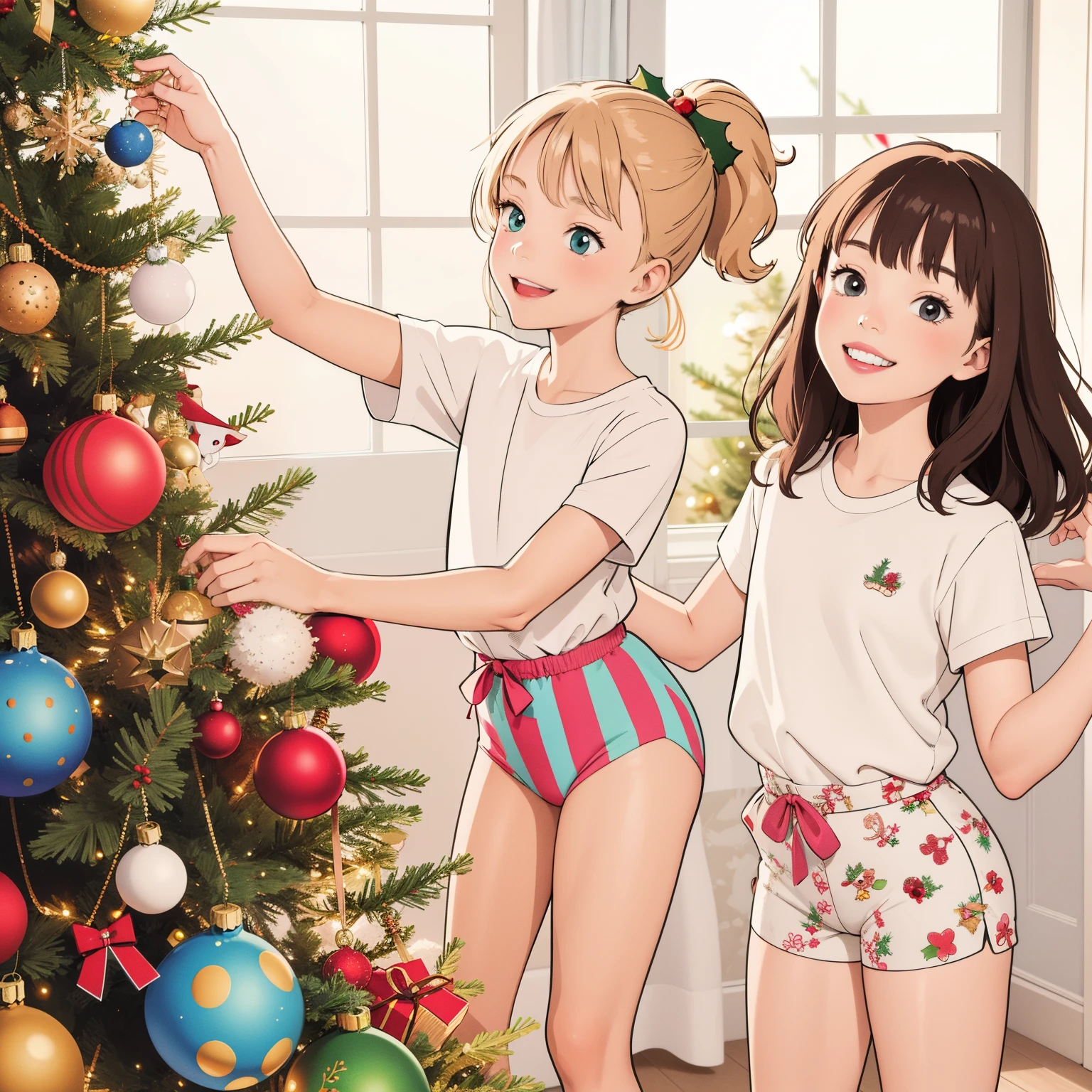 superflat, flat shading, flat colors, masterpiece, best quality, room, 2girls, 10yo , , white t-shirt, (print panties:1:0), putting ornaments on christmas tree, smile, sunlight, vibrant colors