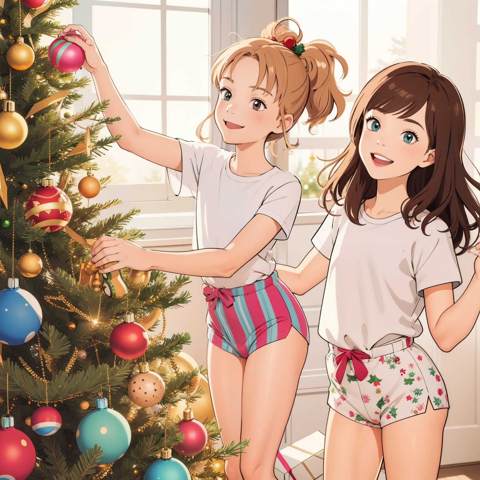 Superplano, Sombreado plano, colores planos, Obra maestra, mejor calidad, habitación, 2 chicas, 10 años , , camiseta blanca, (bragas estampadas:1:0), poner adornos en el árbol de navidad, sonrisa, luz de sol, colores vibrantes, estilo ghibli