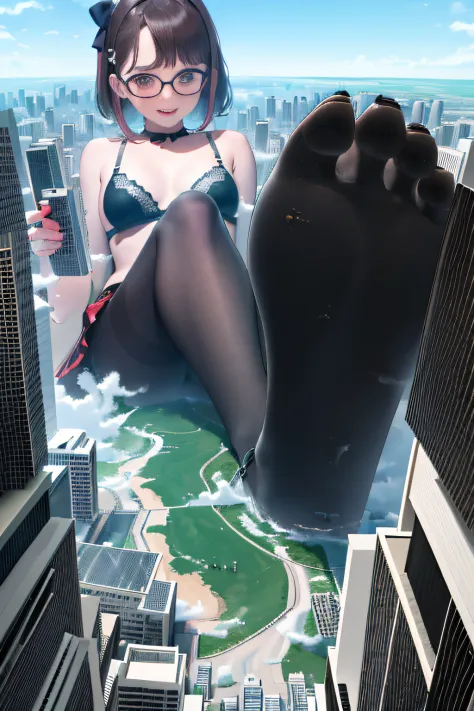 Bird View, giantess art, highly detailed giantess shot, der riese, Shorthair, Giant woman bigger than a skyscraper, Wearing rimless glasses, Colossal tits, Big ass, Underwear, lace bra, Lace panties, Black pantyhose, I can see my toes through my pantyhose,...