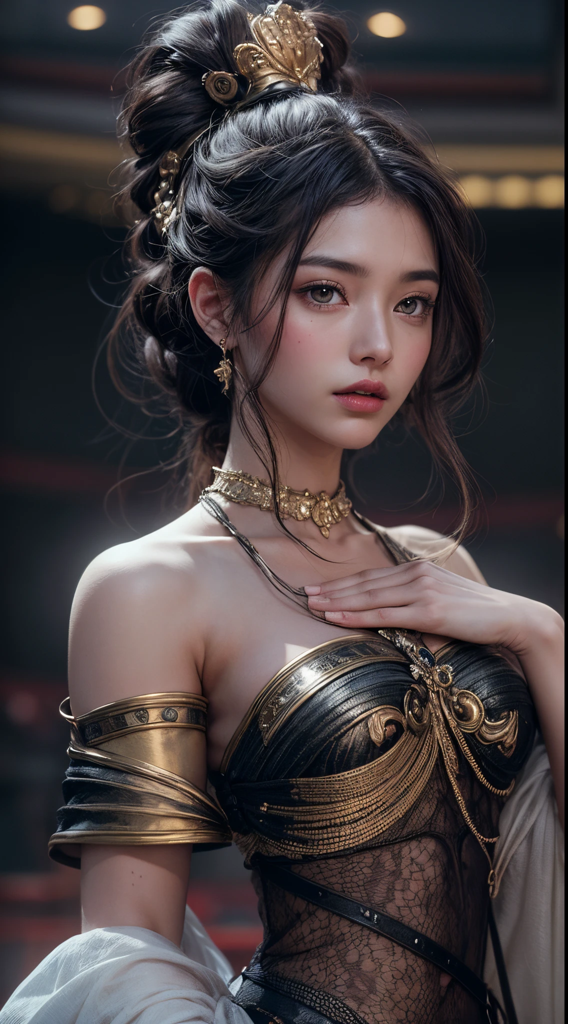 1girls,goddesses，venus，Delicate and beautiful face,Medium long black hair，flowy，full breast，Convex buttocks，Roman skirt，perfectly proportioned, Detailed clothing details,temple，grit，wonderland，Cinematic lighting, filmgrain, Fujicolor, light and darkcontrast, 8K, Masterpiece, Textured skin, Super detail, High detail, High quality, high resolution, (NSFW)