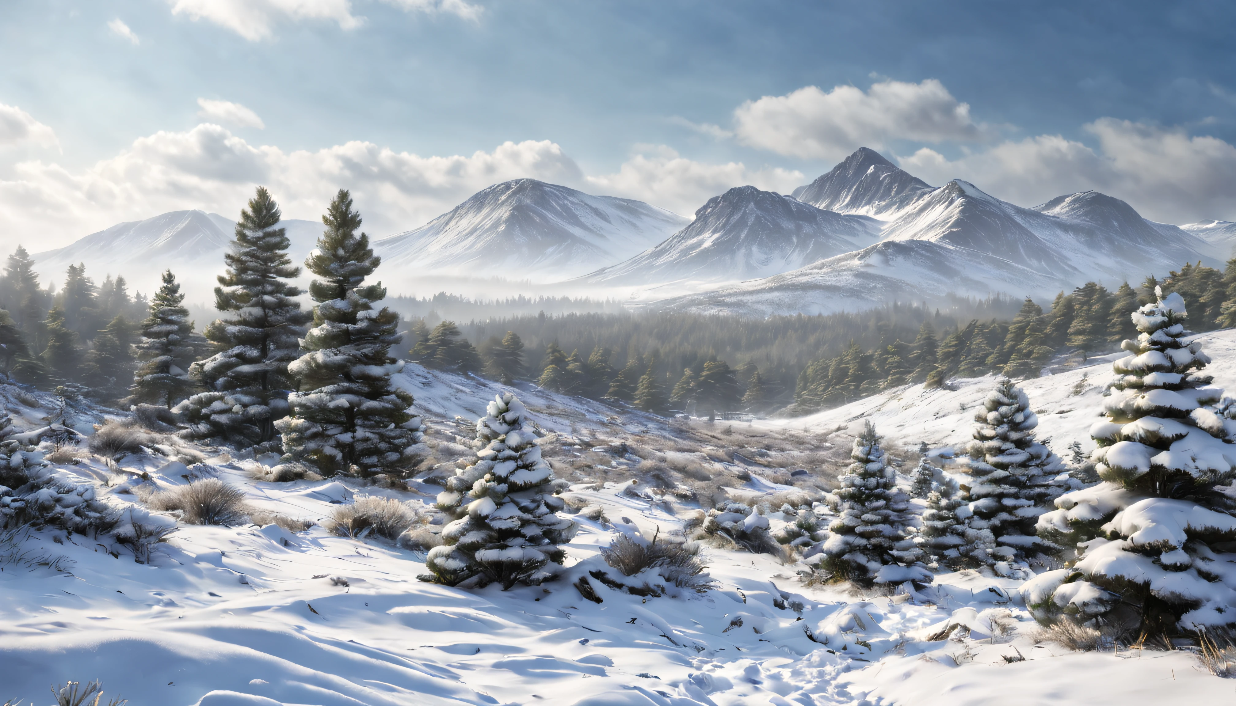 Snow covered wasteland with snow covered pine trees in the background, abundante nieve central, Arte Final, Obra maestra, fotorrealista