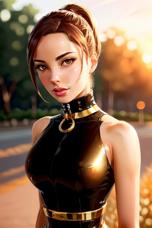 Portrait, posture collar ball gag seat belts in front , Shoulders, golden hour, Sunset, bokeh glamor beautiful face, Modern anime, Fantasy, Intricate, elegant, amazing detail, Digital Painting, Artstation, Concept art, Smooth, sharp-focus