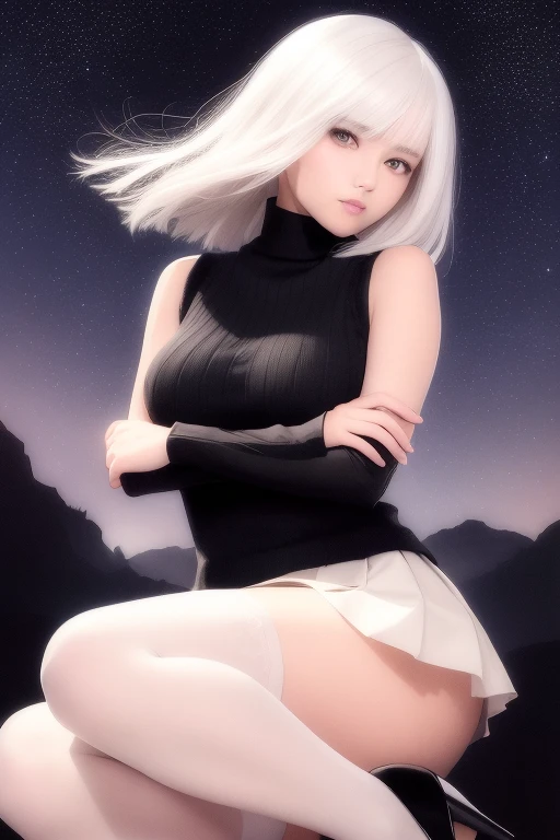 (Short flowy haircut) , cute medium side bangs, ((white hair)), galaxy scenery background, (starry evening sky), ultra detailed, young Japanese woman, (wearing elegant bracelet) , ((wearing thick thigh strap)), beautiful face, ((wearing a sleeveless turtleneck winter sweater)), ((pleated skirt and thighhighs)), ((hair flowing beautifully in the wind)) , perfect smooth legs, smiling, (((contrast rich rim lighting from both sides))) , ((very short golden finger nail polish)), (pair of black high heeled mary janes stiletto shoes) , perfect eyes, firm large sized breast, (((crossed arms))), thick calves, correct anatomy, tony taka art style, (cherry petals flying in the air by a soft breeze), (sitting with crossed legs) ,ultra wide angle view,  jewellery, ((cinematic dof)), underwear, (((girly posing)))