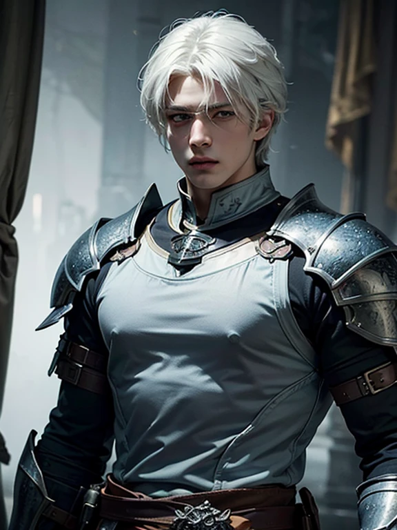 (More than half body), 1man, white hair, a knight, a little stern, solo focus masculine  face, vivid blue eyes, large faded scar over left eye, hyper realistic, curtain hairstyle, heroic, black armor, frost forest, realistic, dynamic pose realistic, detailed and correct facial structure, blades ornaments, johan liebert mixed with dante, handsome, attractive, slightly muscular, cinematic lighting, unreal engine, trending on ArtStation, intricate details,  masterpiece, best quality，(((best quality))),(((ultra detailed))),(((masterpiece)))