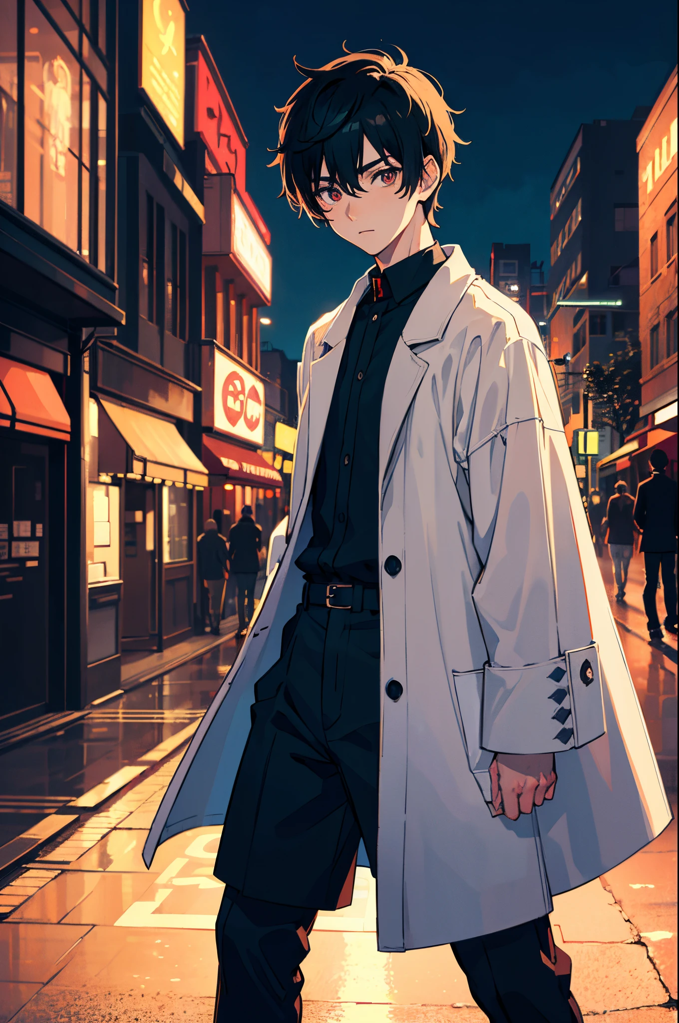 ein Junge, in einen Anime-Stil verwandelt, mit übertriebenen einzigartigen Gesichtszügen und Kleidung, auf einer belebten Stadtstraße stehen, Hintergrundbeleuchtung, die das Motiv hervorhebt, kontrastreiche Farben, 4K-High-Definition-Qualität，jung, ruhig, Gutaussehend