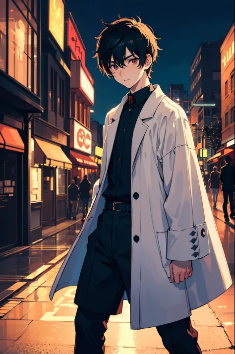 A boy, transformed into an anime style, with exaggerated unique facial features and clothing, standing on a bustling city street...