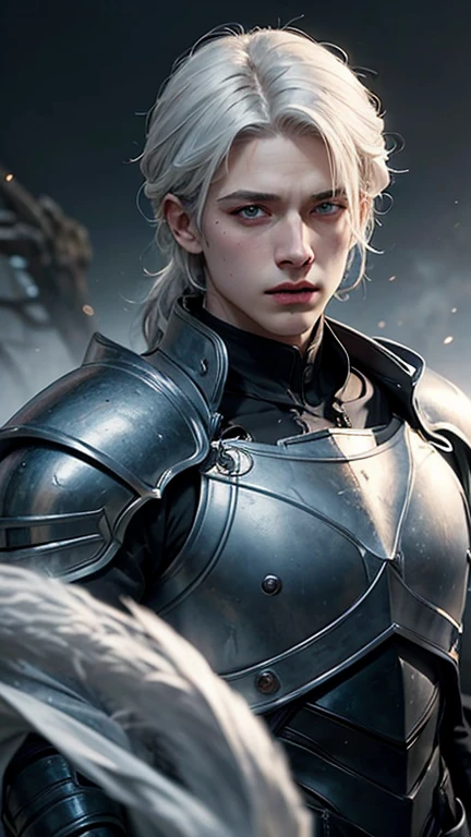 (More than half body), 1man, white hair, a knight, a little stern, solo focus masculine face, vivid blue eyes, large faded scar over left eye, hyper realistic, curtain hairstyle, heroic, black armor, frost forest, realistic, dynamic pose realistic, detailed and correct facial structure, blades ornaments, johan liebert mixed with dante, handsome, attractive, slightly muscular, looks like actor Taz Skylar, cinematic lighting, unreal engine, trending on ArtStation, intricate details,  masterpiece, best quality,(((best quality))),(((ultra detailed))),(((masterpiece)))