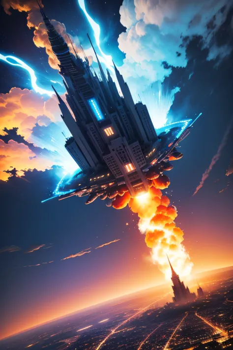 Un supertornado de fuego con un fondo de cielo azul despejado, ciudad de juguete debajo, estilo realista