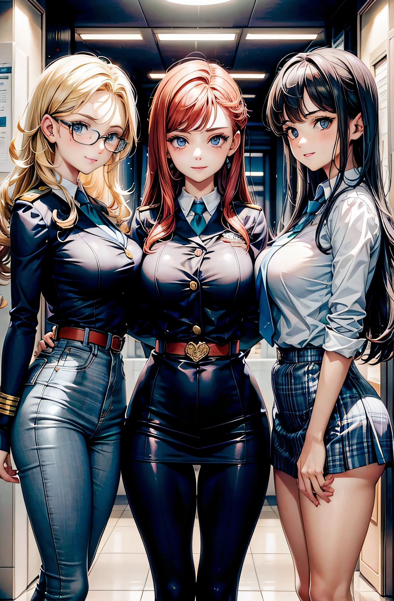 draw three different girls, the first is brunette with curls and blue eyes, the one in the middle is a beautiful blonde with wide eyes and the third from the right is a redhead with fair skin and blue eyes., the three are wearing student uniforms and looking at the viewer with a mischievous look, com mais uniforme estudantil, full of details and all three wearing glasses, sorrir maliciosamente para o telespectador, Ultra resolution, sobrancelhas franzidas e sorrir malicioso, Franzir as duas sobrancelhas, Franzir as duas sobrancelhas,Franzir as duas sobrancelhas, sorrir