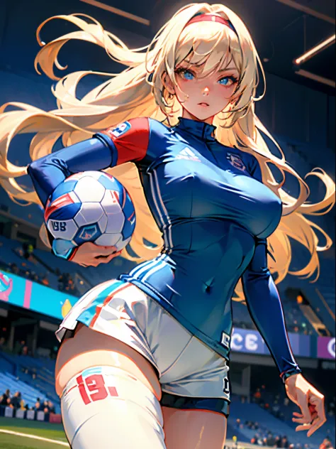 (Best Quality, masutepiece),ultra detailed photographic,1girl in, Female soccer athlete ,Large breasts,nice legs,shoot a ball,At the soccer venue,Detailed beautiful face,Beautiful eyes,detailed hairs,detailed  clothes,Detailed realistic skin,cool,Dynamic A...