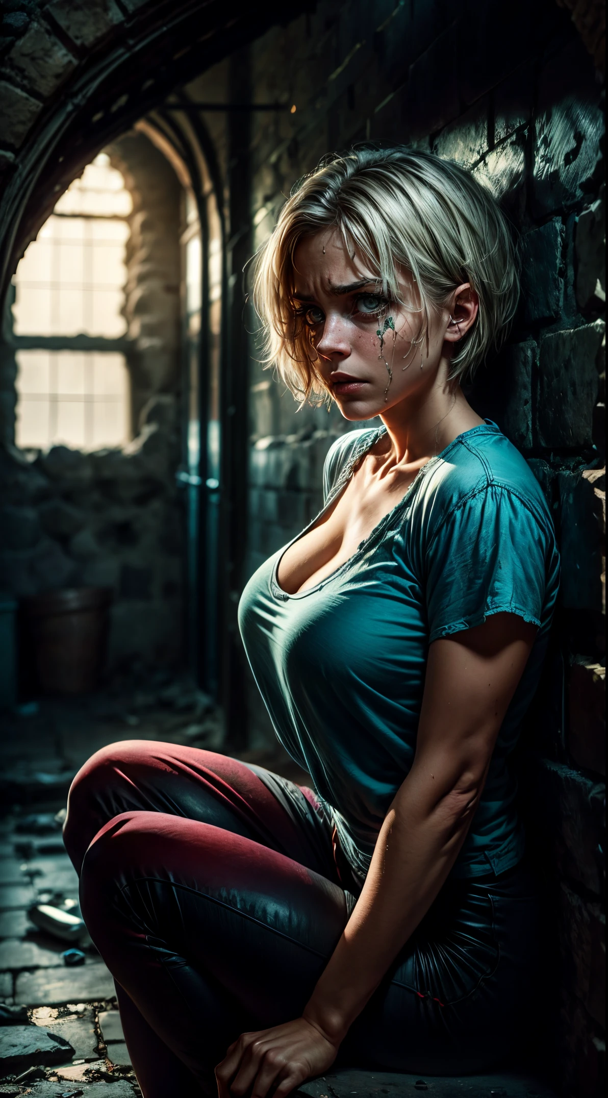 Tia is shown to have a fairly slender figure. She has white-grey hair , she has short hair and large pale green eyes, A girl in her twenties surrounded by old medieval prison walls.  The prison has thick walls made of stone, and there are narrow windows that allow light to penetrate with difficulty, making the atmosphere inside the prison dark and restricted.
 The girl wears simple and vulgar clothes, reflecting the life of poverty and oppression she lives inside the prison.  Her eyes seem to reflect pain and sadness, indicating a difficult and turbulent experience.
 The girl sits on one of the cold walls, showing her fatigue and exhaustion.  She may be carrying a psychological scar from being confined inside this harsh place for such a long time.
 The picture shows prison bars separating the girl from the outside world, weakening her hope and increasing her feeling of isolation.  Restrictions rob her of her freedom and prevent her from moving around and interacting with the outside world.
 The girl's facial expressions reflect her attempts to persevere and endure in harsh circumstances.  There may be remaining hope and desire for  and a way out of this turbulent and oppressive environment in her eyes., cleavage exposed, big breasts, superior quality, many details, Puri focus  Sharp and realistic