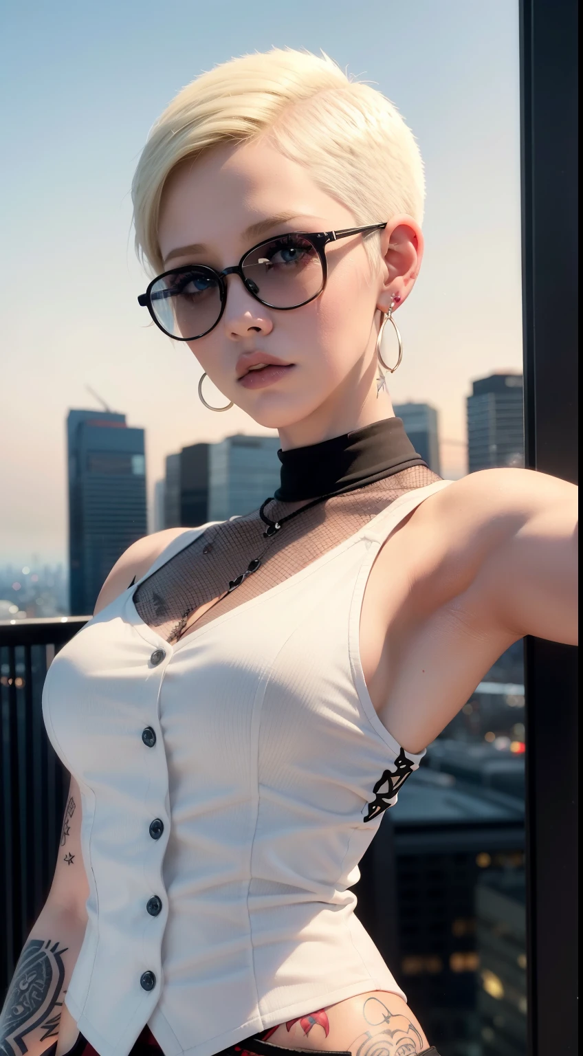 fille, coupe de cheveux de Riley Nixon, cheveux rasés, Coiffure blonde, cheveux très courts, chauve,, Chemise gilet blanche, Tatouage de lune rouge, Tatouage sur le bras droit, porter des lunettes, Coiffure blonde, coupe de cheveux de Riley Nixon, rouge à lèvres Noir, Piercings au visage, sur un gratte-ciel, je regarde le spectateur, Ville de tempête, 4k