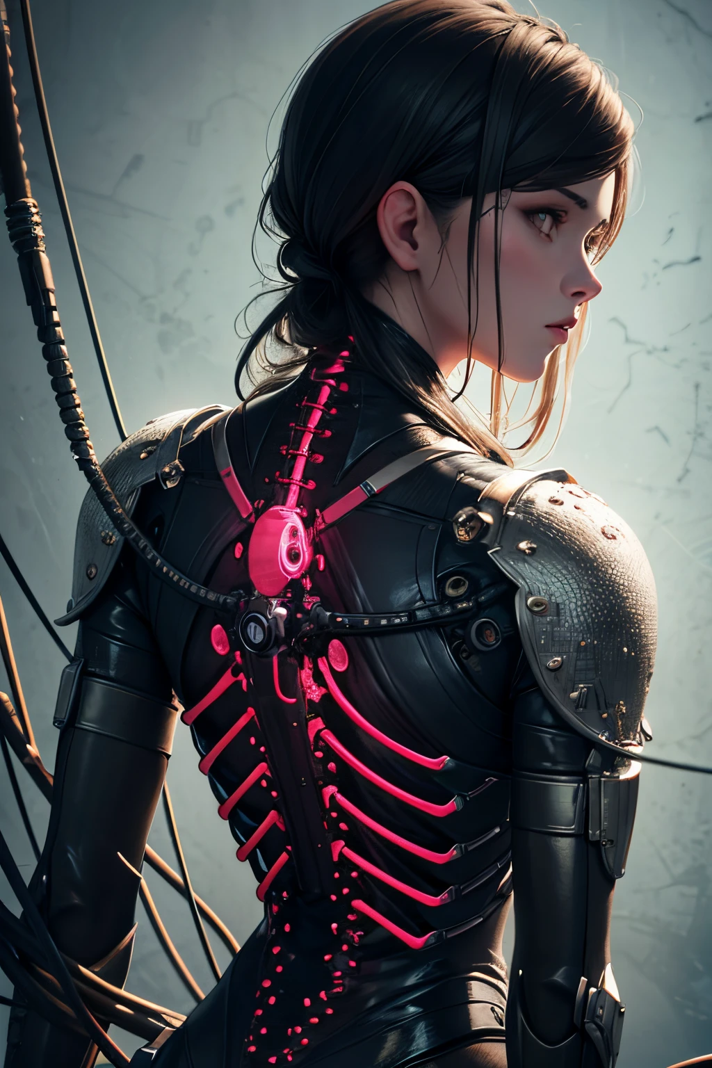 1mechanical girl,((ultra realistic details)), portrait, global illumination, shadows, octane render, 8k, ultra sharp,metal,intricate, ornaments detailed, cold colors, egypician detail, highly intricate details, realistic light, trending on cgsociety, glowing eyes, facing camera, neon details, machanical limbs,blood vessels connected to tubes,mechanical vertebra attaching to back,mechanical cervial attaching to neck,sitting,wires and cables connecting to head