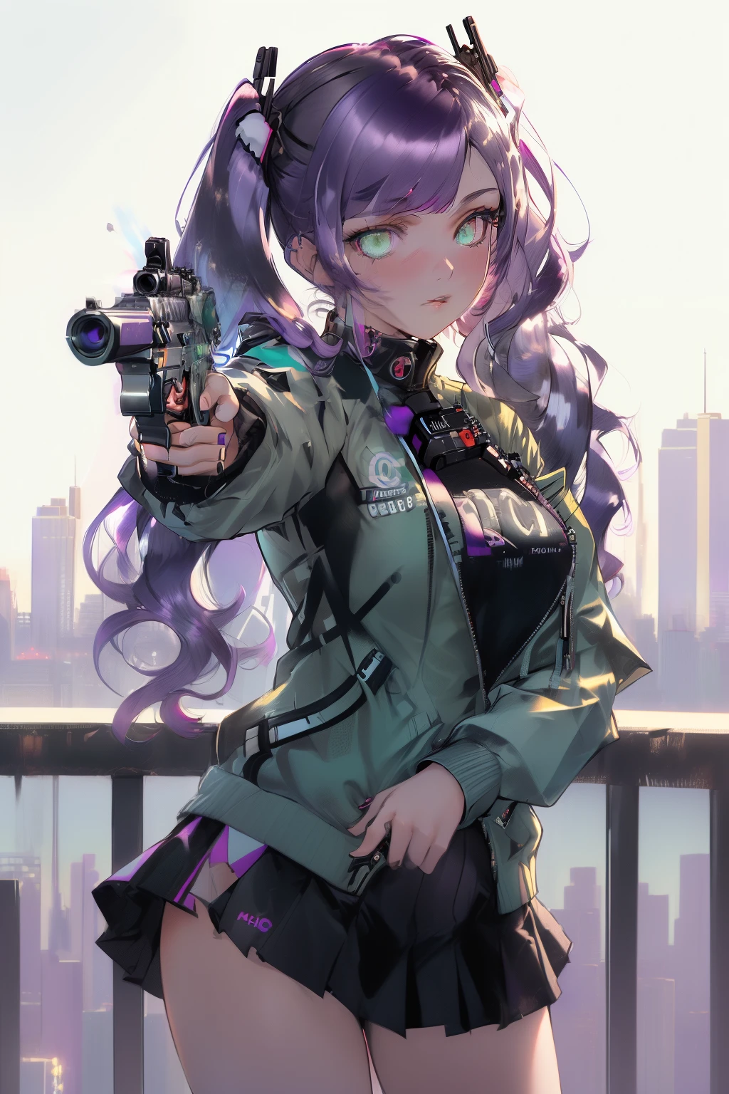 ((masterpiece)), ((best quality)), ((highres)), 1girl, solo, nsfw, city backdrop, (holding and aiming pistol, detailed pistol, glock 22, trigger discipline), standing, medium hair, (purple hair, twintails), (green eyes),