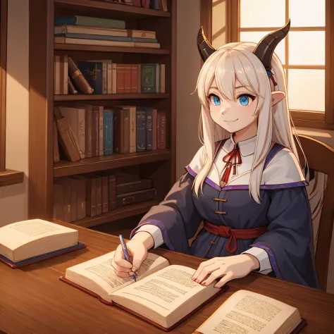 a girl, with white hair, blue eyes and dragon horns, wearing the casual outfit of a medieval student, smiling, sitting having fi...