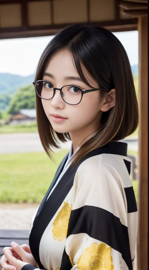 Best-quality, Masterpiece, Ultra-High-Resolution, (Photorealistic:1.4), Raw-Photo, Extremely-Details, Perfect-Anatomy, 

1girl, 16-years-old, the most famous Japanese idol, wearing only luxurious colorful Japanese KIMONO and glasses with cool design, in an...