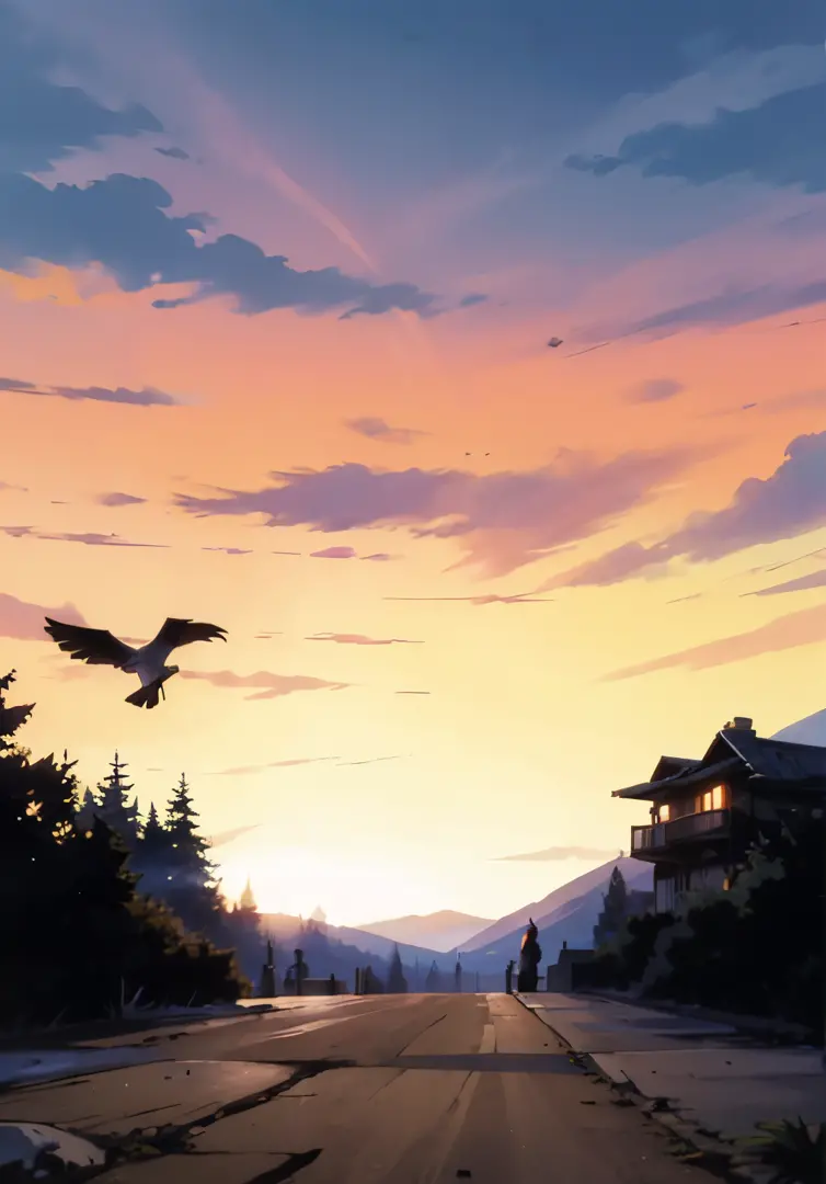 Por do sol nas montanhas. aves voando. Pinheiros e morros ao horizonte. A wooden house on the right. Fundo do anime. Well-defined dash. intrincate details. manga cover. poster