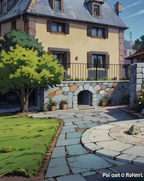 Courtyard of a house with grass and stones. Mesa de madeira. Clima de Haloween. Fundo do anime. Well-defined dash. intrincate details. manga cover. poster