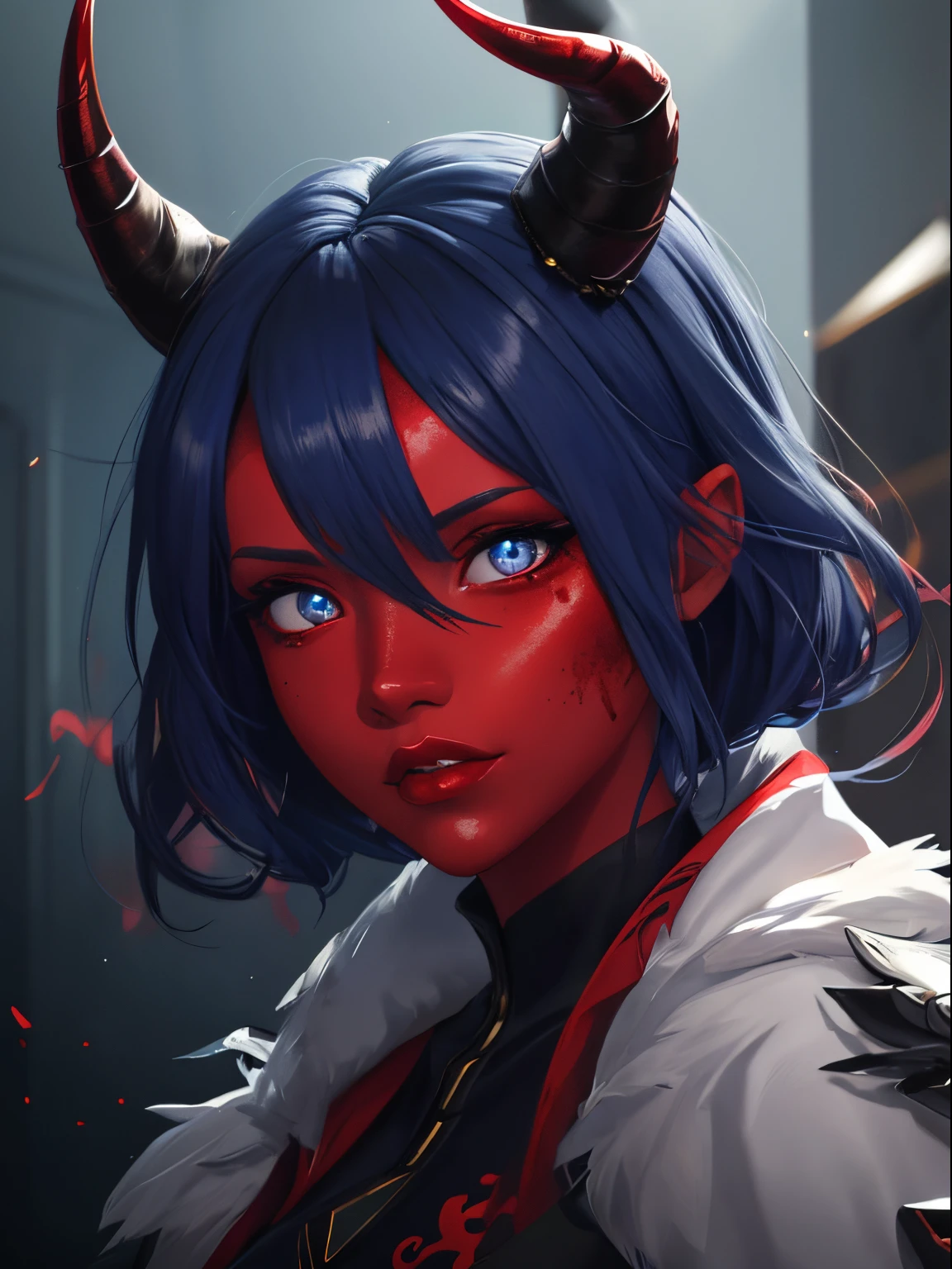 diabla, estilo animado,  brujo con (((piel roja carmesí))) y (((blue, ojos ardientes))). su (((Los cuernos se curvan elegantemente hacia atrás.))), 8K, 4k, Motor irreal 5, renderizado de octanaje, tendencia en pixiv, caja de ventilador, skeb, obra maestra, piel suave y tersa, grandes ojos soñadores, hermoso cabello de colores intrincados, anime ojos muy abiertos, iluminación suave, Arte conceptual, pintura digital,