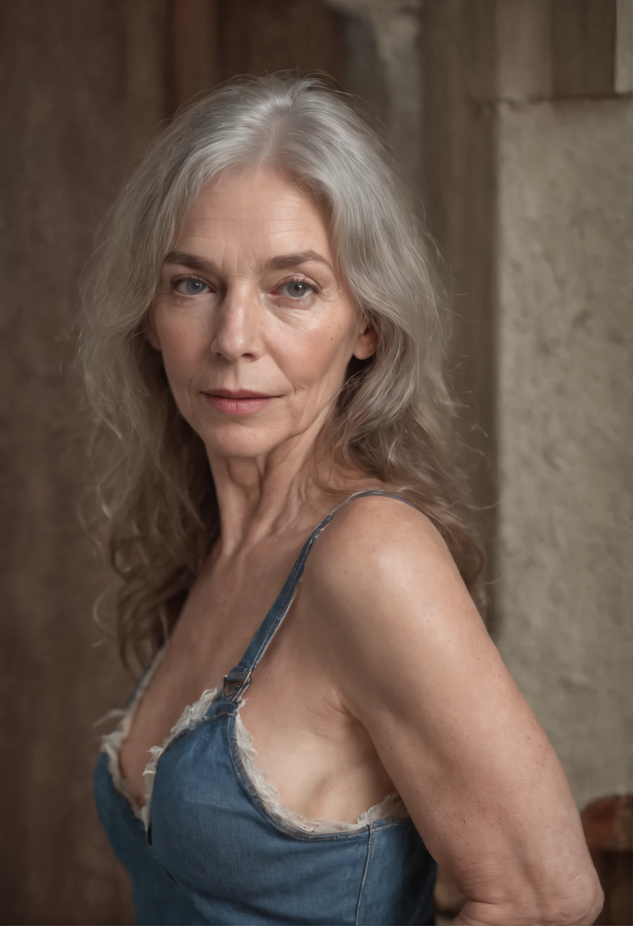 Half length waist-up photo of beautiful very anorexic skinny 65 year old, very short length flip-styled curly white hair, blue eyes, detailed eyes, large fake enhanced breasts in loose fitting denim coveralls, realistic skin with pores and blemishes, pale skin, looking directly at the camera very confident and sexy, casual, distressed old denim, beautiful round ass, boots, wrinkled freckled huge sexy cleavage, signs of aging, she’s a Jane Birkin lookalike, in blurry loft apartment with dark hunter green walls and very dramatic light