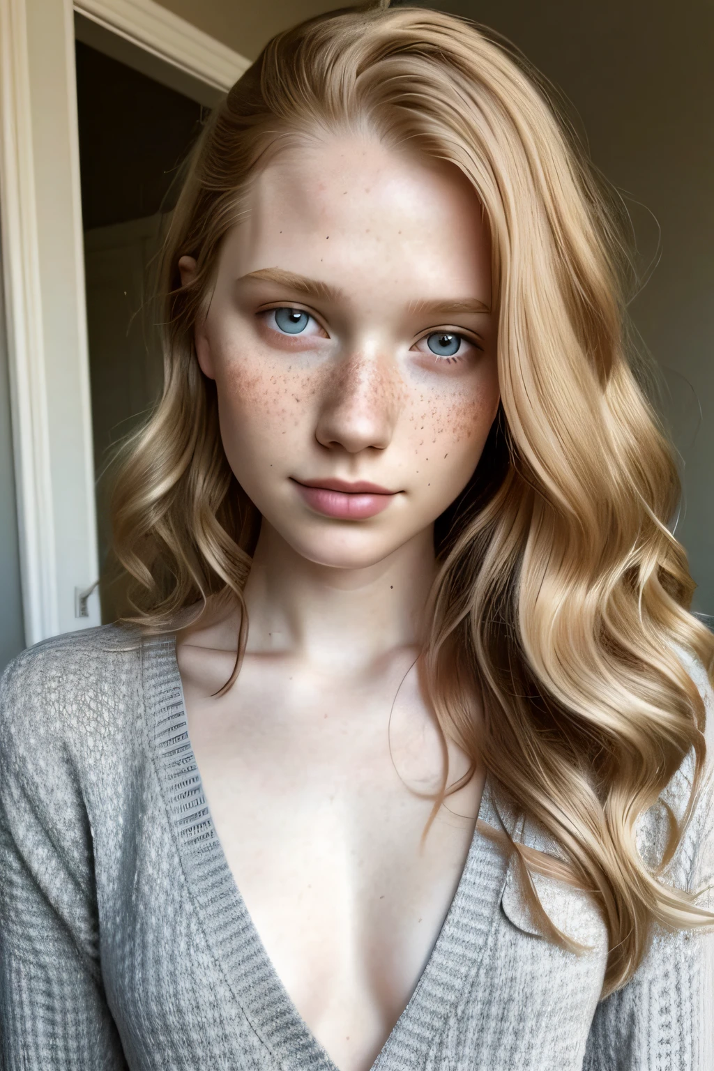 1girl in, age19, Solo, Aesthetic artwork, irish, wavy strawberry blonde hair, shoulder length hair, gray eyes, light grey eyes, some small freckles, pale skin, runners body, (textured skin, skin pores:1.1), goosebumps, wearing a cardigan without anything underneath, no bra, exposed breasts, sexy pose