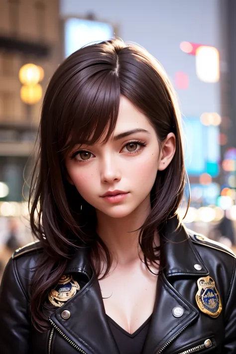 Portrait of Nuttle as a beautiful female model, Georgia Fowler, beatiful face, with short dark brown hair, in cyberpunk city at ...