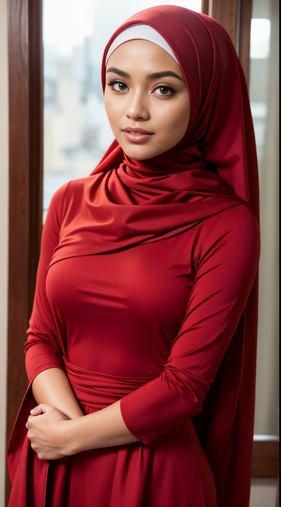 RAW, Best quality, high resolution, masterpiece: 1.3), beautiful Malay woman in hijab,Masterpiece, perfect slim fit body, Huge breast,big gorgeous eyes, Soft smile, woman in a red dress and a red scarf, maroon red, wearing red attire, wearing beautiful clothes, beautiful design, hijab, in crimson red, very beautiful enga style, beautiful masterpiece, fine details. red, wearing gorgeous clothing, dominating red color, crimson themed , (Delicate turtleneck) , necklace, shairband, afternoon walk, City garden, Excellent lighting, Bright colors, Clean lines