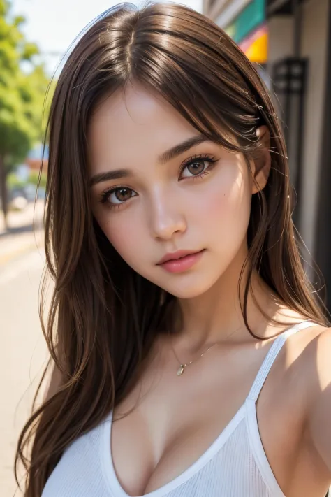 girl in summer clothes, top shot,((selfie)), brown eyes, brown hair, random background, kiss, beautiful, medium breasts, flirtatious look, ((very detailed)), (perfectly detailed face), (well detailed hand), photorealistic image.