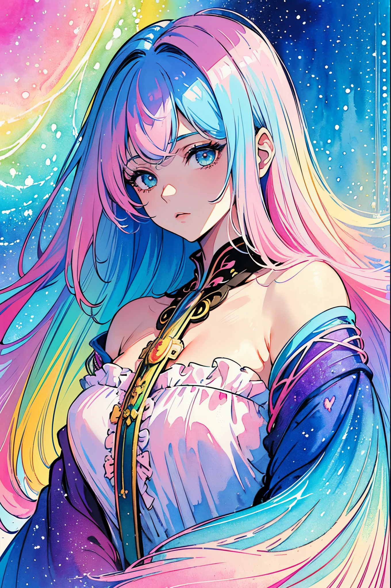 (Masterpiece, Top Quality, Best Quality, watercolour (medium), official arts, Beauty and Aesthetics: 1.2), (1girl 25 years old: 1.3), (s fractal art: 1.3), clean background,  Background, full - body, gaze at the viewer, (rainbow hair, Colored hair, half blue and half pink long hair: 1.2), a closeup of a