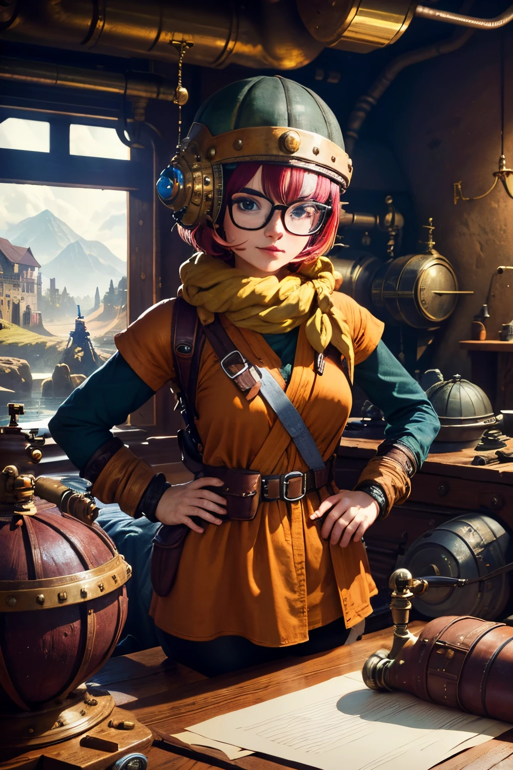 (8k, RAW photo, highest quality), pretty girl using tools next to a table, in a factory, water pipe, water tank, 18th century, short red hair, steampunk aviary helmet, available coat, detailed glasses , (detailed eyes: 0.8), (smart look), (highest quality), (best shadow), intricate details, interior, dark studio, muted colors, (steam punk), Lucca from Chrono trigger, perfect fingers, detailed image