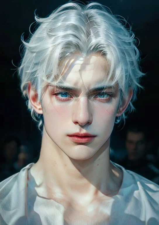 (More than half body), 1man, white hair, a knight, a little stern, solo focus masculine face, vivid blue eyes, large faded scar over right eye, hyper realistic, curtain hairstyle, heroic, black armor, frost forest, realistic, detailed and correct facial structure, johan liebert mixed with dante, handsome, attractive, slightly muscular, cinematic lighting, unreal engine, intricate details,  masterpiece, best quality, by Irakli Nadar, Greg Rutkowski, (((best quality))),(((ultra detailed))),(((masterpiece)))