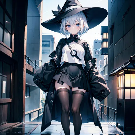 This is an adult woman with a sad face on the roof of a building overlooking the night view of Tokyo and the sea.、She has white lob hair with a short bob and wears a large black witch hat with sapphire accessories.、she is wearing a long black coat、I&#39;m ...