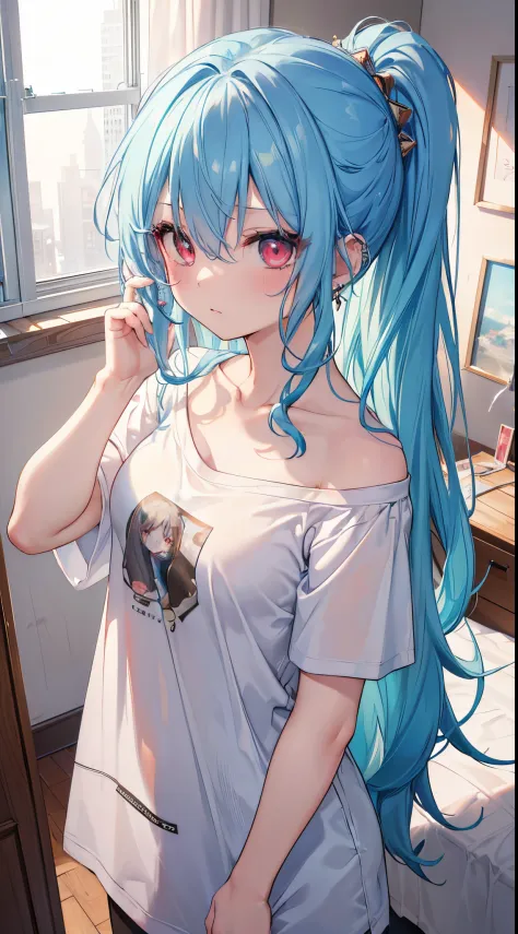 (8K、Top image quality、top-quality、​masterpiece)、A detailed face、1 girl in、lightblue hair、Long、waved hair、Red eyes、expressionless、piercings、Moderately breasts、((White T-shirt))、((Bukavka))、Shoulder out、wariza、Taken from above、((messy room))