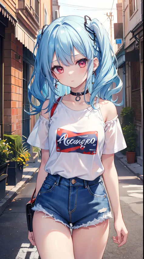 (8K、Top image quality、top-quality、​masterpiece)、A detailed face、1 girl in、lightblue hair、Long、waved hair、Red eyes、expressionless、piercings、Moderately breasts、White T-shirt、Dabo Dabo、Shoulder out、denim short shorts、cowboy  shot、Back alley background