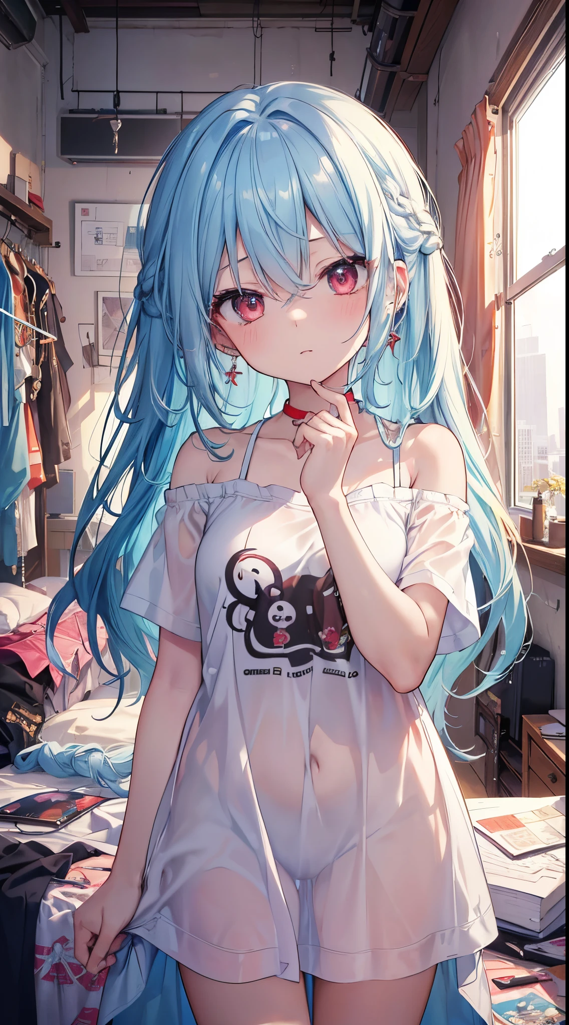 (8K、Top image quality、top-quality、​masterpiece)、A detailed face、1 girl in、lightblue hair、Long、waved hair、Red eyes、expressionless、piercingoderately breasts、White T-shirt、Dabo Dabo、Shoulder out、wariza、((messy room))