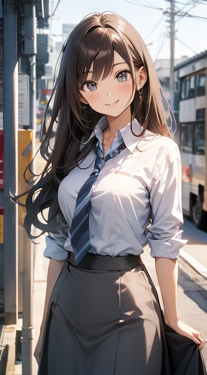 Anime style, Film Portrait Photography, 1womanl, a smile, ssmile, Beautuful Women, full bodyesbian, Straight hair, Brown hair, Semi-long hair, woman wearing a gray shirt, Woman in business suit, long  skirt, businesswoman,　(Natural skin texture Vibrant details, hyper realisitic)